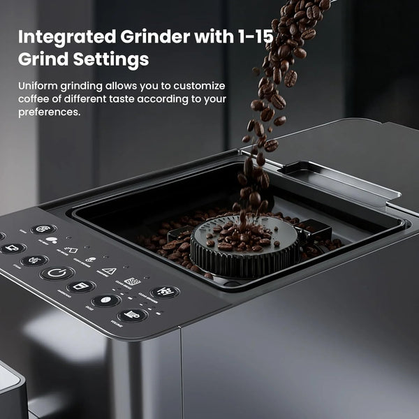 Coffee grinder with coffee beans being ground, featuring text about grind settings.