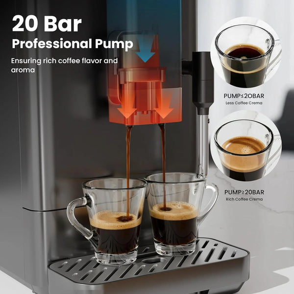 Coffee machine with 20 bar pump feature, showing coffee being dispensed into cups.