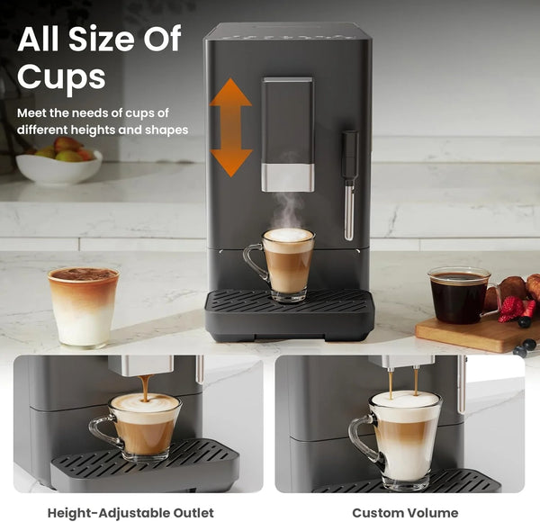 Coffee machine with adjustable outlet and customizable volume on a kitchen counter.