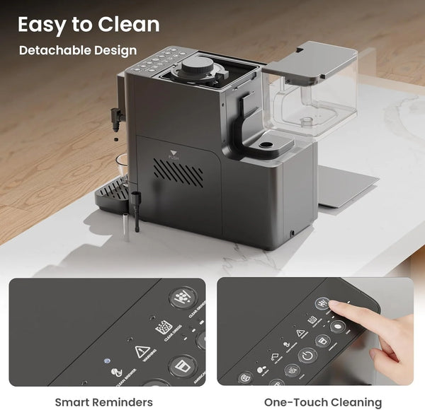 Coffee grinder with detachable design, smart reminders, and one-touch cleaning features on a marble surface.