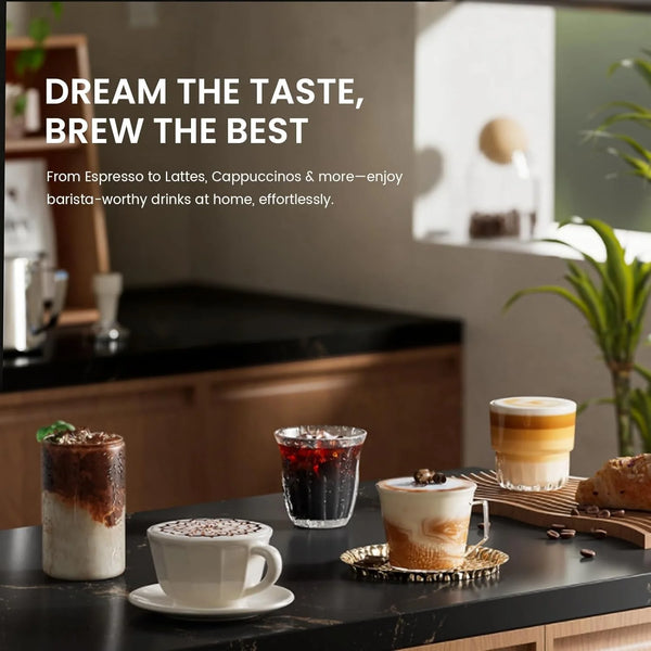 Various coffee drinks on a kitchen counter with text about home coffee brewing.