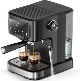 Black espresso machine with two glasses of coffee on a white background