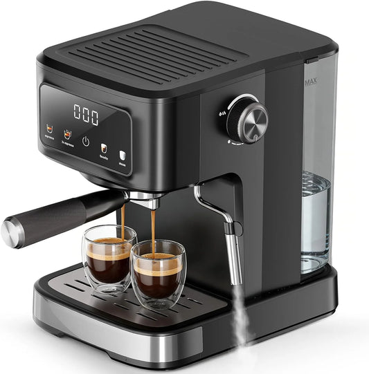 Black espresso machine with two glasses of coffee on a white background