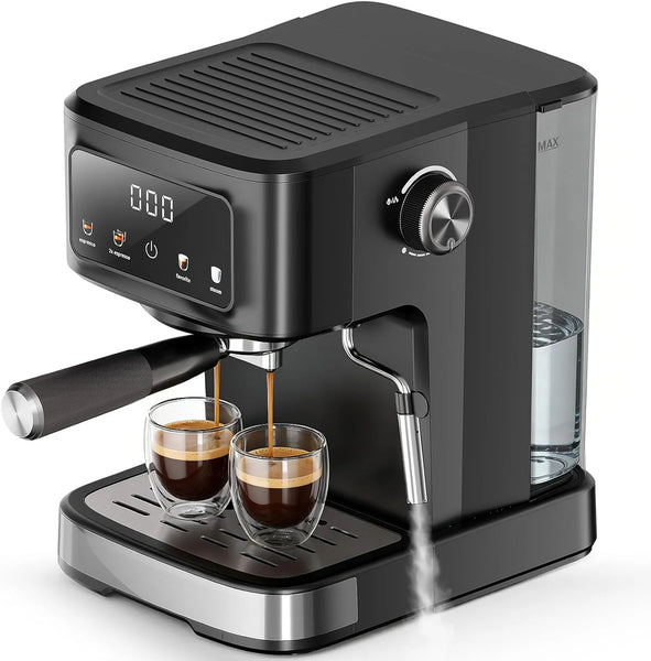 Black espresso machine with two glasses of coffee on a white background