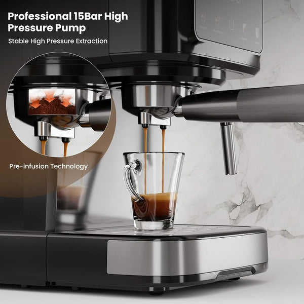 Espresso machine with high pressure pump and coffee being extracted into a glass.