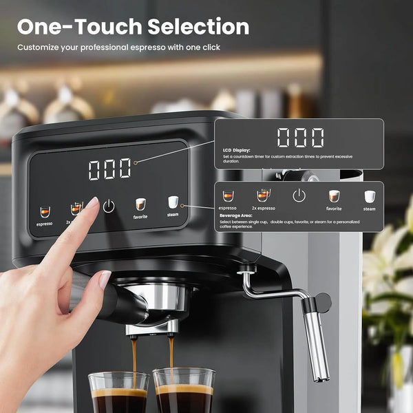 Coffee machine with digital display and one-touch selection feature, with a blurred background.