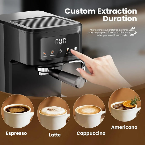 Coffee machine with digital display and hand pressing a button, surrounded by coffee types.