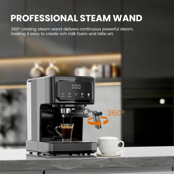 Coffee machine with a steam wand on a kitchen counter, featuring text about its 360-degree rotation.