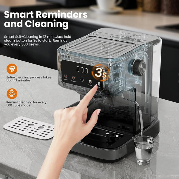Coffee machine with digital display on a kitchen counter, featuring text about smart reminders and cleaning.