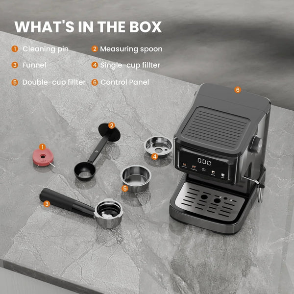 Coffee machine with accessories on a gray surface, listing items included in the box.