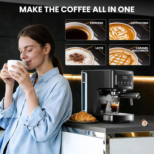 Woman enjoying a cup of coffee next to a coffee machine with coffee types displayed.