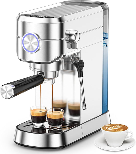Espresso machine with two glasses of espresso and a cup of coffee on a white background