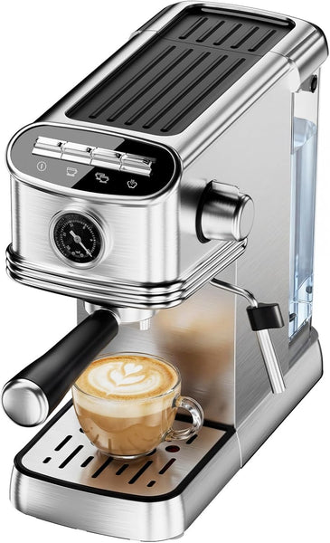 Silver espresso machine with a cup of coffee on a white background
