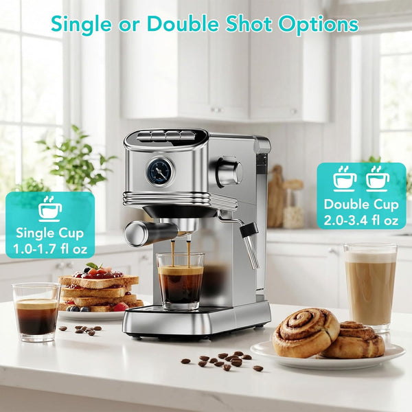 Espresso machine on a kitchen counter with coffee and pastries, featuring single and double shot options.