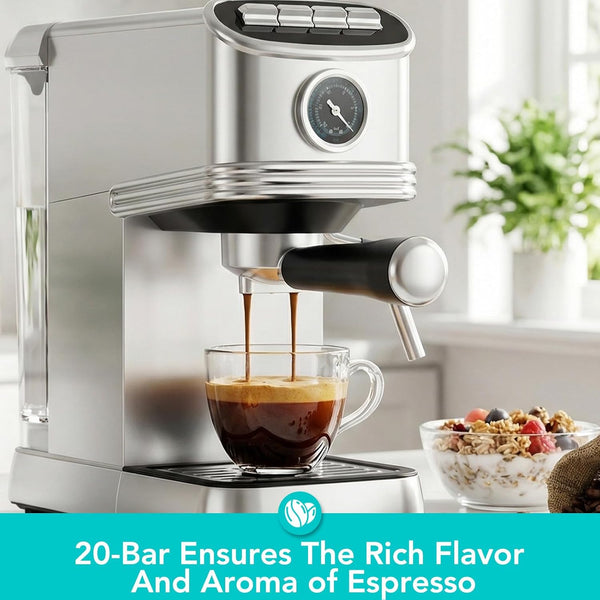 Espresso machine pouring coffee into a cup with a bowl of cereal in the background.