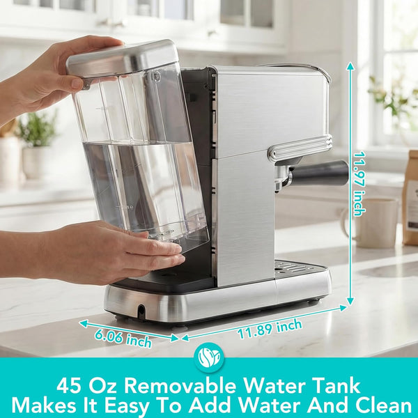 Coffee machine with a removable water tank being held, showing dimensions and text about the 45 Oz capacity.