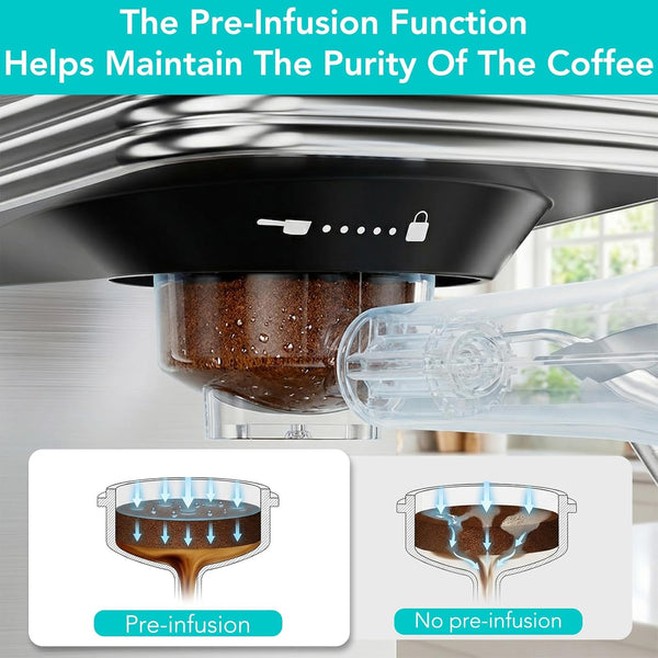 Coffee brewing process with pre-infusion function highlighted, showing a clear view of the coffee maker and brewing process.