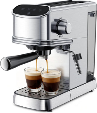 Espresso machine dispensing coffee into two glasses on a white background