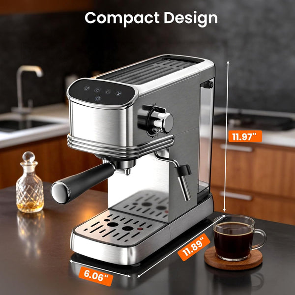 Compact espresso machine on a kitchen counter with dimensions indicated, next to a cup of coffee.