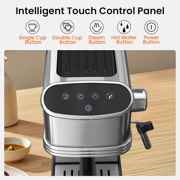 Coffee machine with an intelligent touch control panel on a wooden surface.
