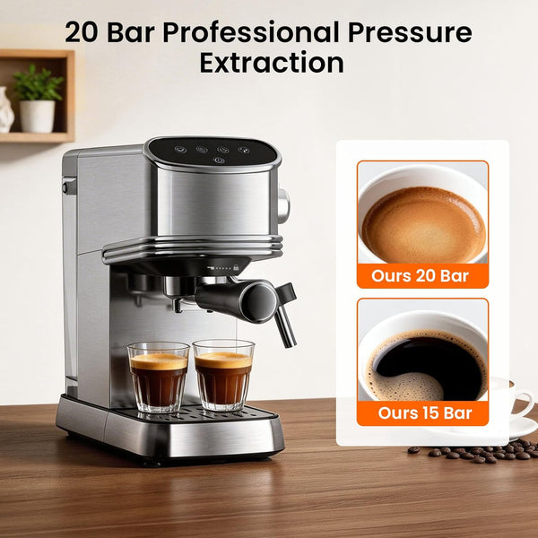 Espresso machine with 20 bar professional pressure extraction feature, shown with two cups of coffee and a comparison chart.