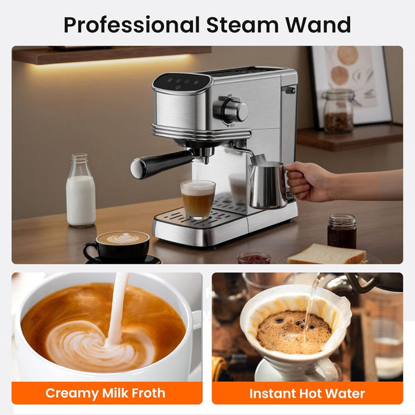 Coffee machine with steam wand being used to make coffee and froth milk, with a focus on its functionality.