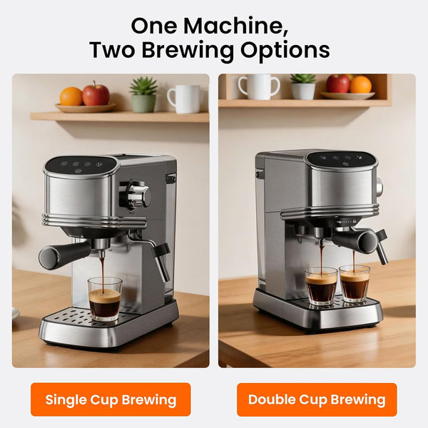 Coffee machine with single and double cup brewing options on a wooden surface.