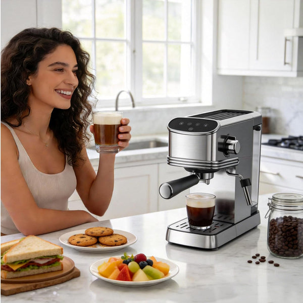 Woman enjoying a glass of coffee next to an espresso machine in a kitchen.
