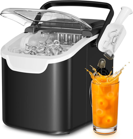 Black and white ice maker with a glass of orange juice and ice cubes.