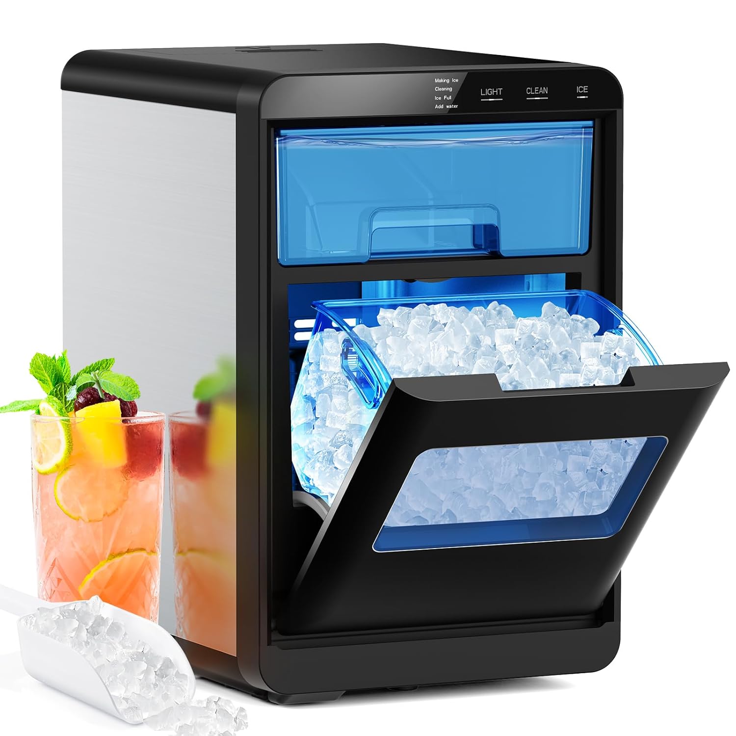 Portable ice maker with a blue interior and black exterior, filled with ice cubes, on a white background.