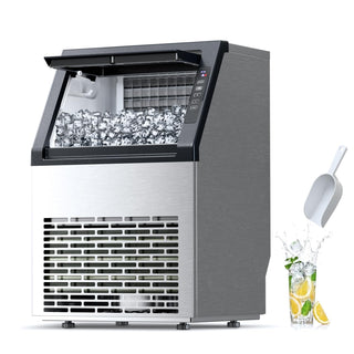 Ice machine with ice cubes and a glass of lemonade on a white background