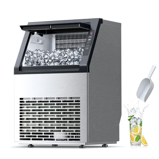 Ice machine with ice cubes and a glass of lemonade on a white background