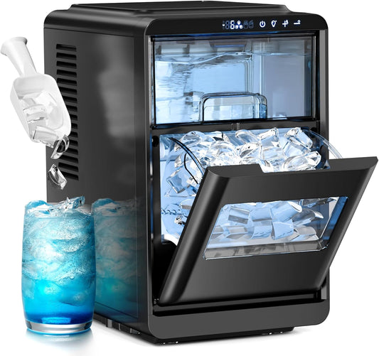 Black ice machine with ice cubes and a glass of iced drink on a white background