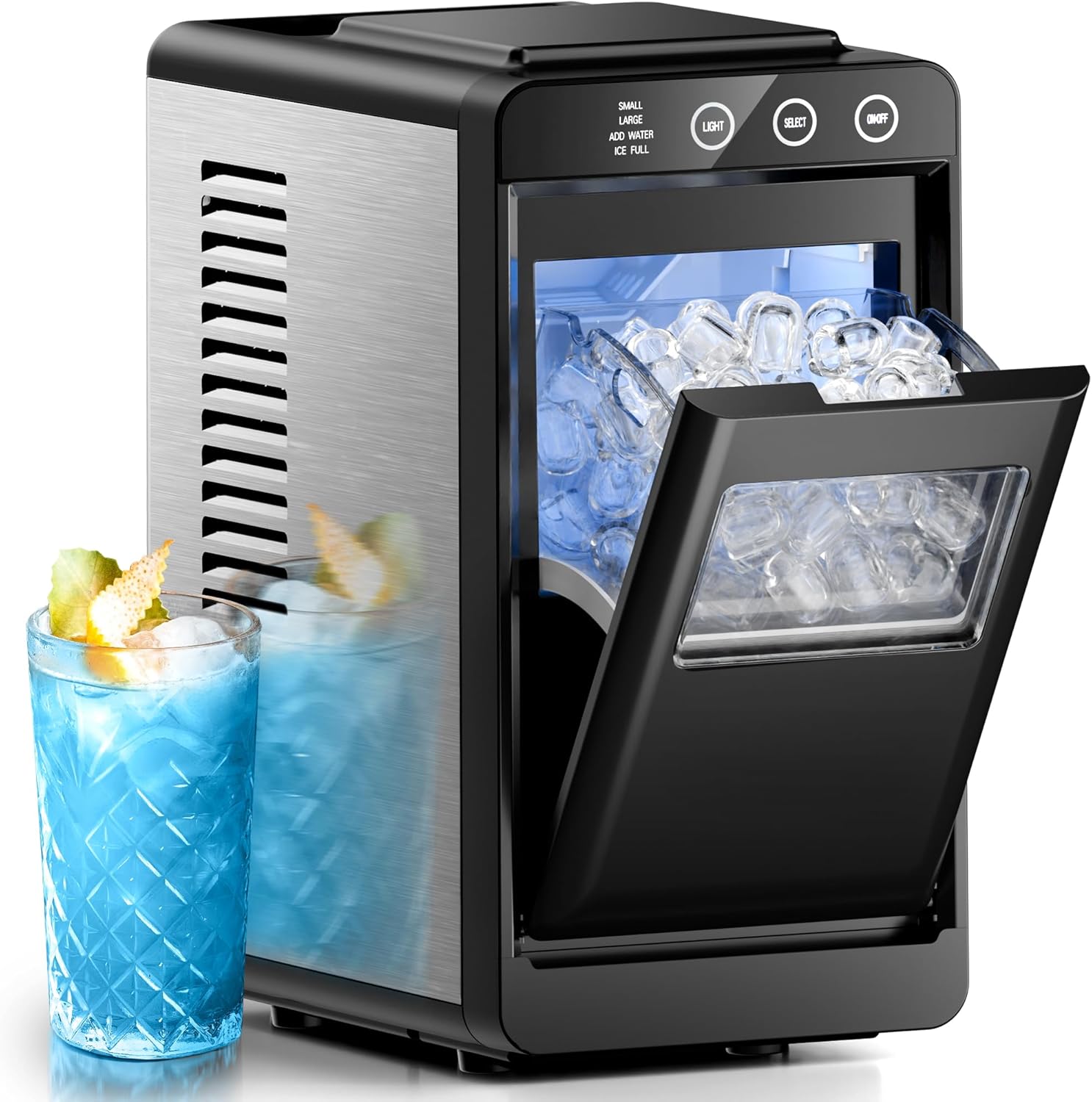 Portable ice maker with two glasses of iced drinks on a white background