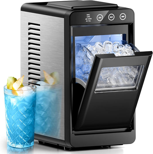 Portable ice maker with two glasses of iced drinks on a white background