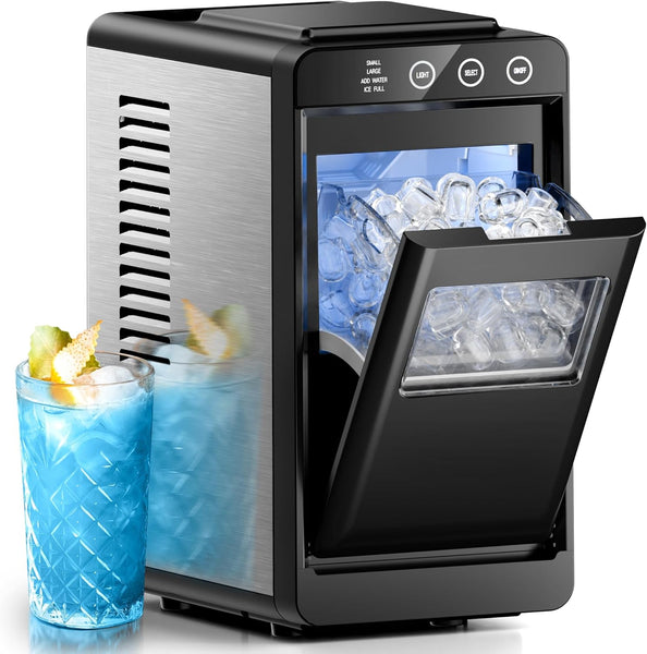 Portable ice maker with two glasses of iced drinks on a white background