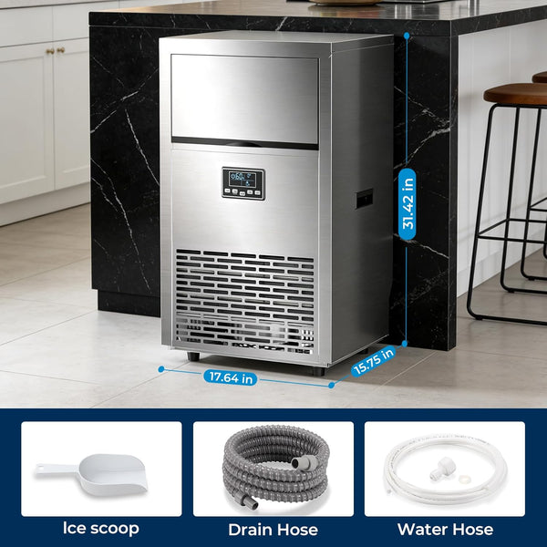 Stainless steel ice maker with dimensions displayed in a kitchen setting, including accessories.