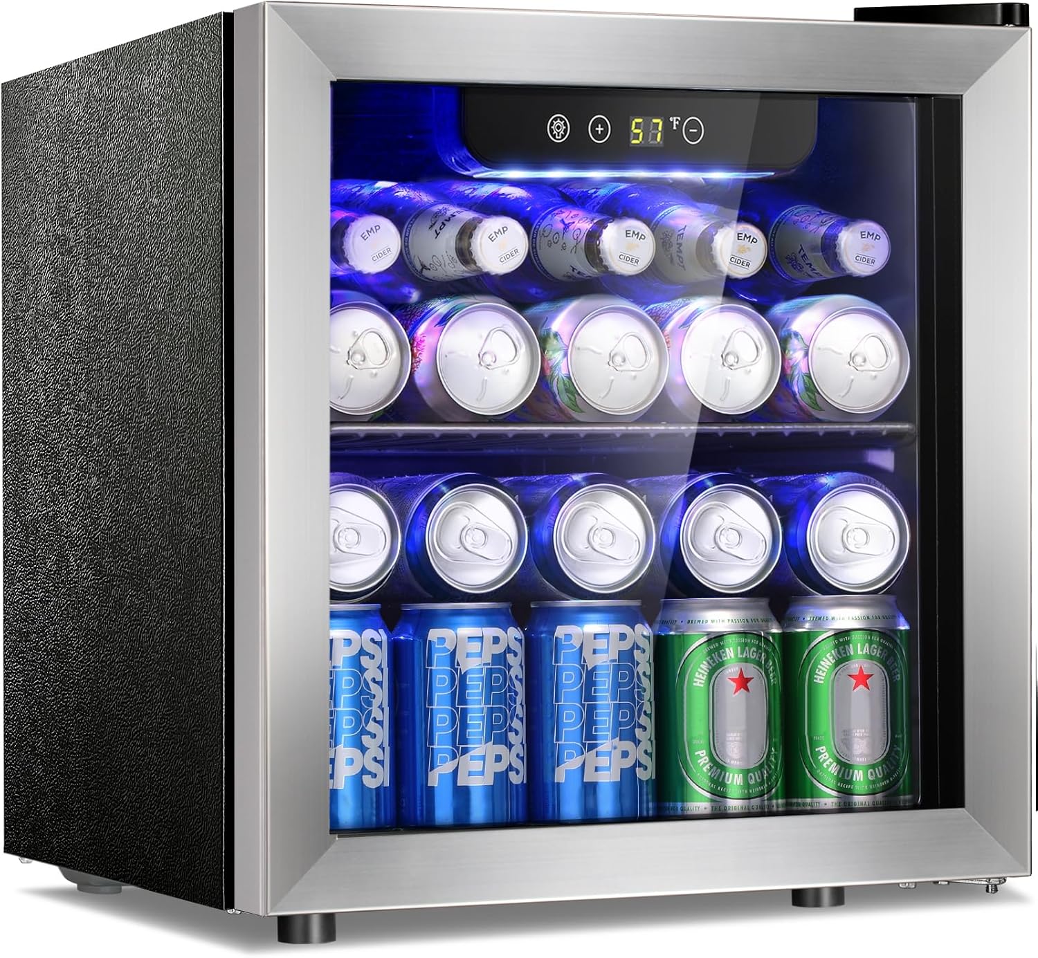 Small refrigerator with drinks inside, including Heineken and Pepsi cans.