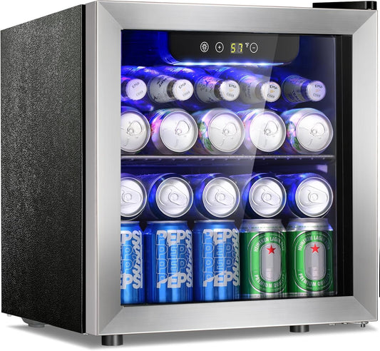 Small refrigerator with drinks inside, including Heineken and Pepsi cans.