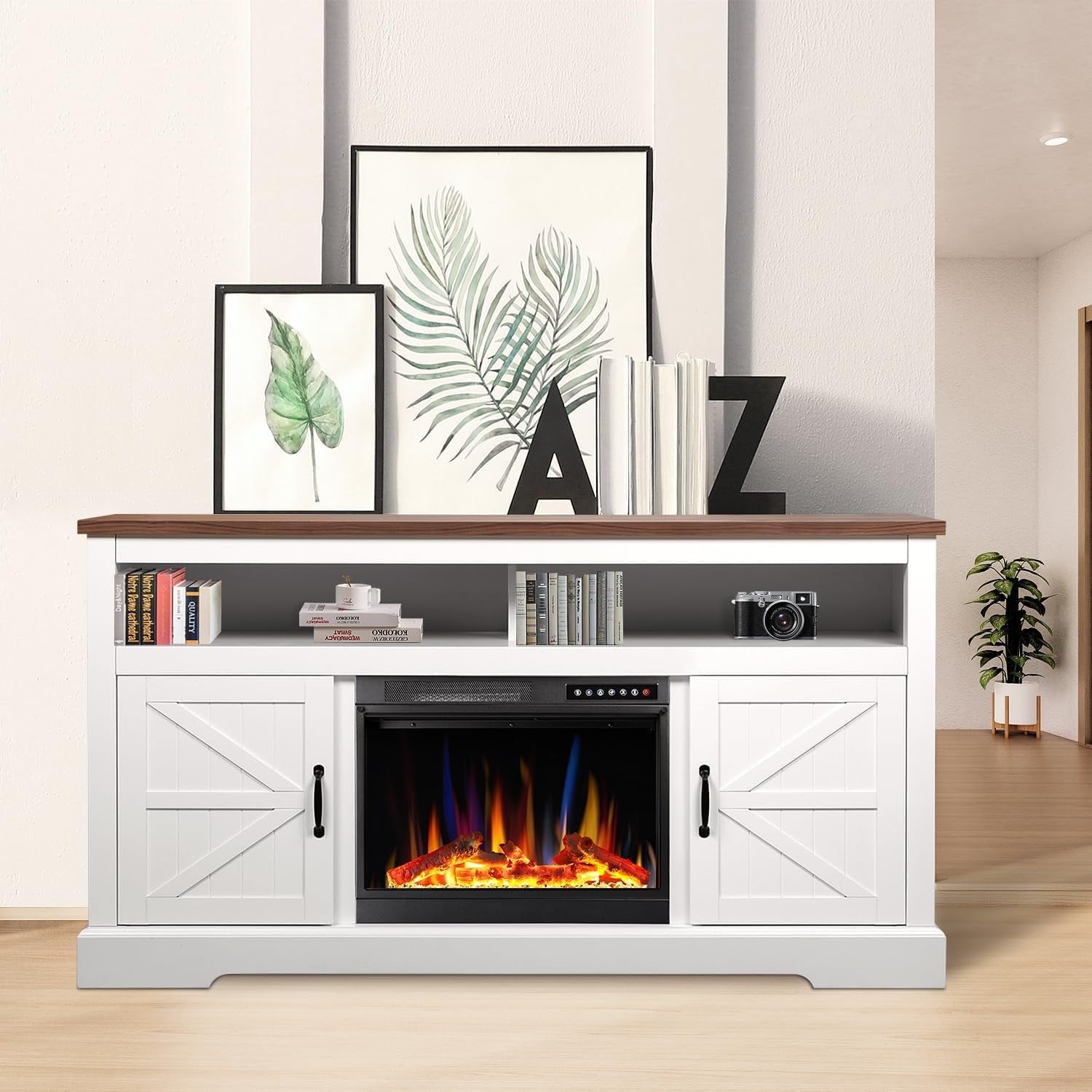 Auseo 48'' Electric Fireplace Mantel，Remote Control, Adjustable LED Flame, 750W/1500W Free Standing Fireplace（White）