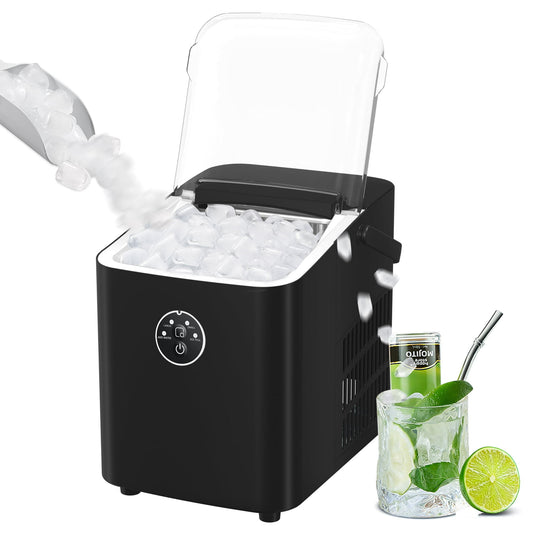 Auseo Portable Ice Maker Machine, Ice Maker Countertop with Handle, 26lbs/24H, Bullet Ice Cubes, 8 PCS Ready in 9 Mins, Self-Cleaning, Ice Scoop, Basket for Home/Kitchen/Office/Party-Black