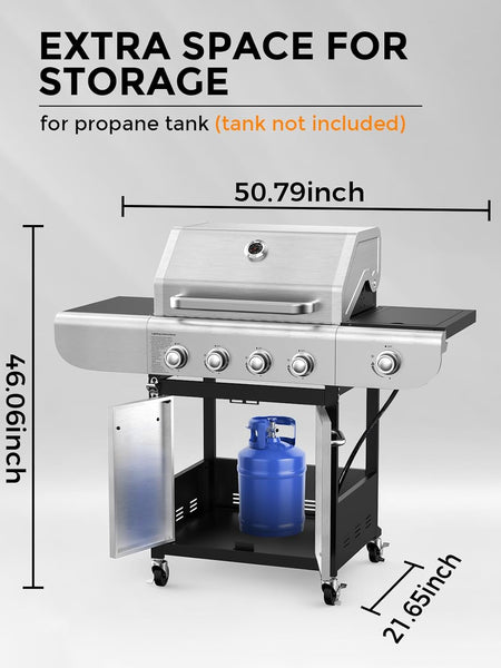 4-Burner BBQ Propane Gas Grill, 44000 BTU Stainless Steel Barbecue Grill