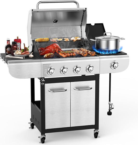 4-Burner BBQ Propane Gas Grill, 44000 BTU Stainless Steel Barbecue Grill
