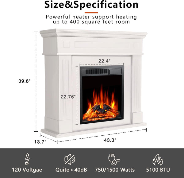 43” Electric Fireplace Mantel Wooden Surround Firebox, TV Stand with Freestanding Electric Fireplace, Remote Control, Adjustable Led Flame, 750W/1500w