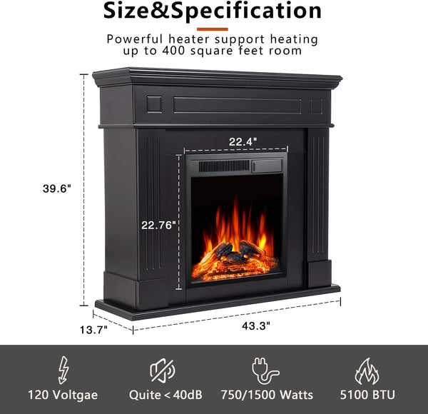 43” Electric Fireplace Mantel Wooden Surround Firebox, TV Stand with Freestanding Electric Fireplace, Remote Control, Adjustable Led Flame, 750W/1500w