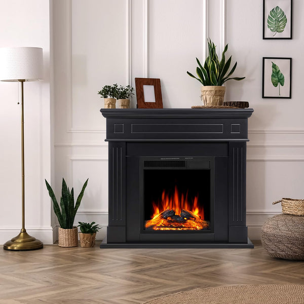 43” Electric Fireplace Mantel Wooden Surround Firebox, TV Stand with Freestanding Electric Fireplace, Remote Control, Adjustable Led Flame, 750W/1500w