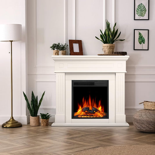 43” Electric Fireplace Mantel Wooden Surround Firebox, TV Stand with Freestanding Electric Fireplace, Remote Control, Adjustable Led Flame, 750W/1500w