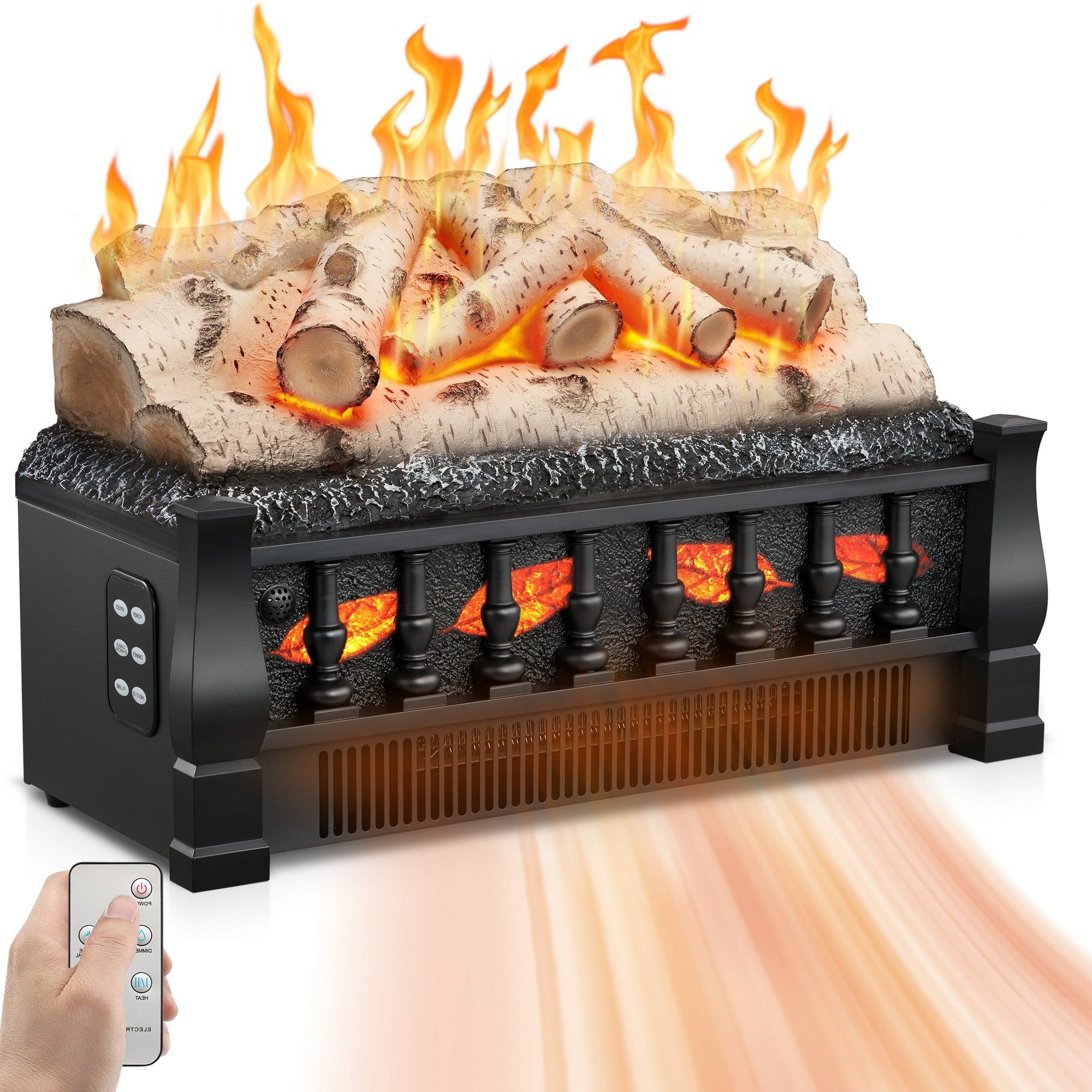 KISSAIR Electric Fireplace Log Set Heater with Remote Control, Flame Brightness Adjustable, Realistic Ember Bed