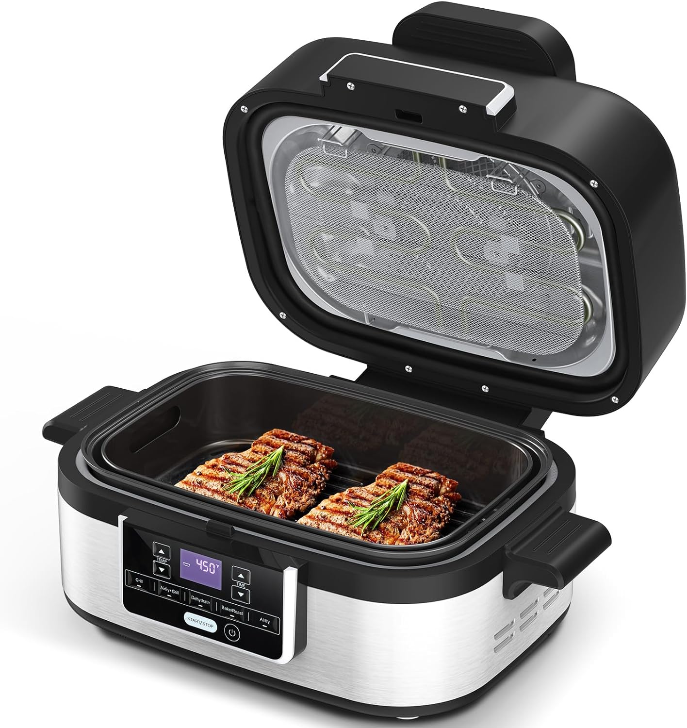 5-IN-1 Indoor Electric Grill, Nonstick Smokeless Indoor Grill with Grill, Air Fry, Dehydrate, Bake & Roast, 5QT Smart Air Fryer Grill Combo, Dishwasher Safe, 1450W, Black