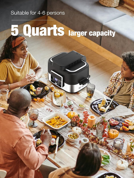5-IN-1 Indoor Electric Grill, Nonstick Smokeless Indoor Grill with Grill, Air Fry, Dehydrate, Bake & Roast, 5QT Smart Air Fryer Grill Combo, Dishwasher Safe, 1450W, Black